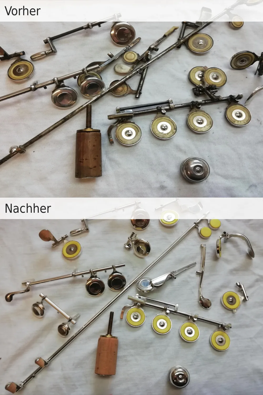 Mechanikteile vor und nach der Generalüberholung, Beispiel 1