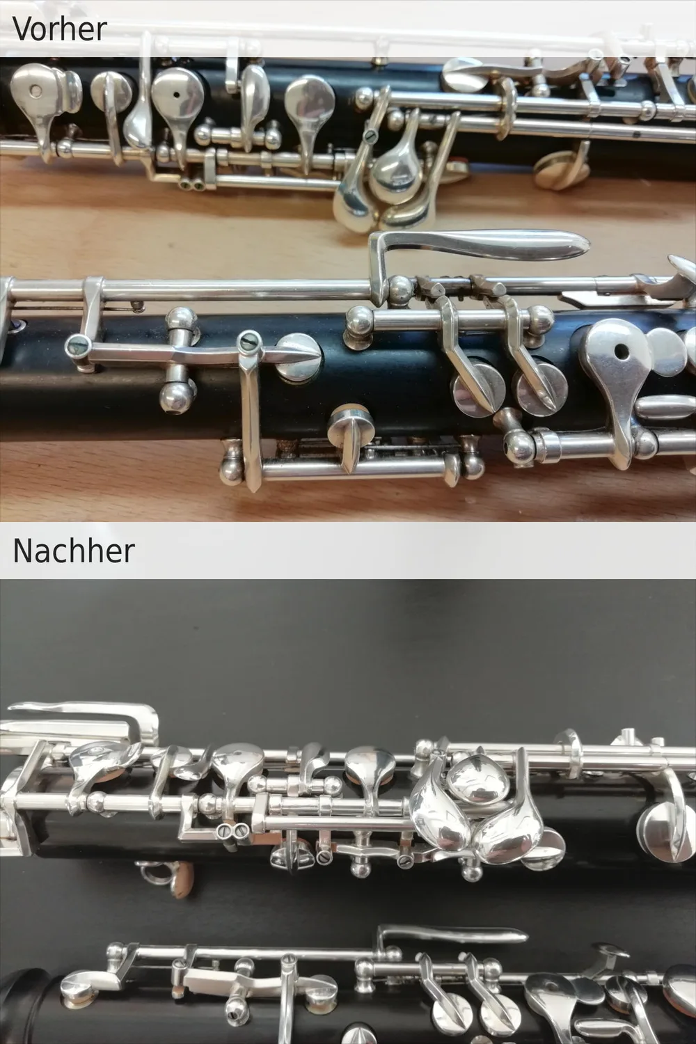 Mechanikteile vor und nach der Generalüberholung, Beispiel 3