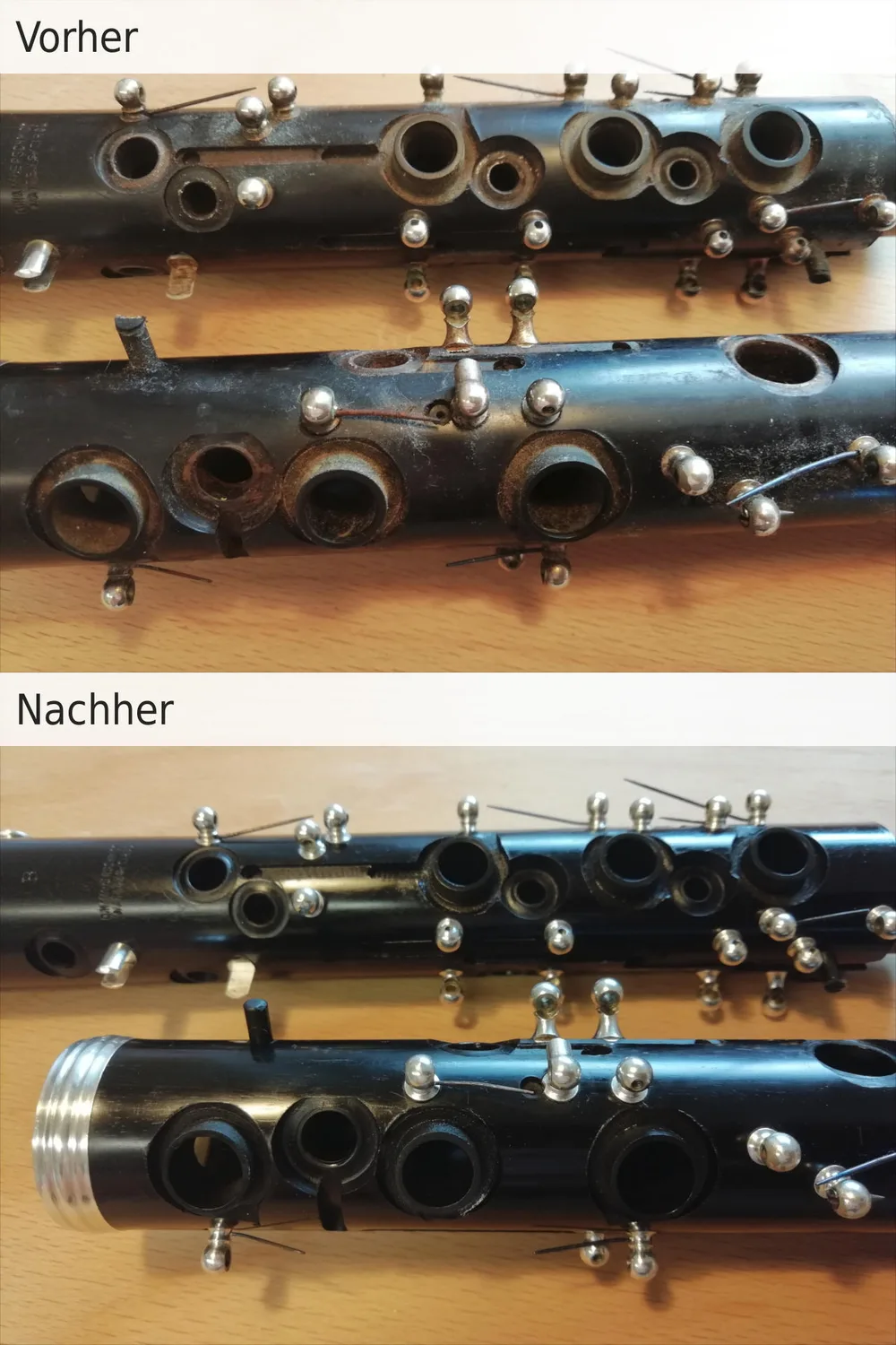 Mechanikteile vor und nach der Generalüberholung, Beispiel 4